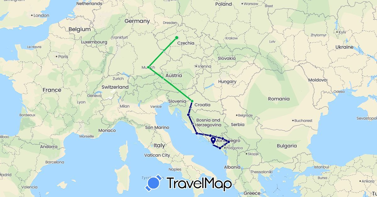 TravelMap itinerary: driving, bus in Bosnia and Herzegovina, Czech Republic, Germany, Croatia, Montenegro (Europe)